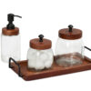 Shown in light walnut mango wood, clear glass, and black stainless steel.