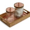 Shown in textured copper stainless steel, clear glass, and natural mango wood.