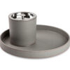 Shown in textured grey faux leather and shiny stainless steel. Ice bucket is double lined with 18/8 stainless steel.