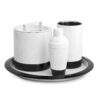 Shown in white and black enamel stainless steel. Ice bucket is double lined with 18/8 stainless steel.