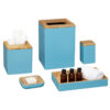 Shown in light blue lacquer and natural mango wood.