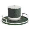 Shown in shiny stainless steel and forest green faux leather. Ice bucket is double lined with 18/8 stainless steel.