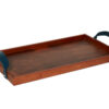 Shown in dark walnut mango wood and blue faux leather.