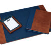 Shown in textured blue faux leather and dark walnut mango wood.
