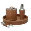 Shown in distressed cognac faux leather with shiny stainless steel. Ice bucket is double lined with 18/8 stainless steel.