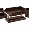 Shown in brown faux leather with shiny gold hardware.