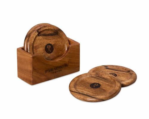 Shown in natural acacia wood with laser etch detailing.