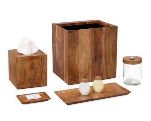 Shown in natural acacia wood, clear glass, and shiny stainless steel.
