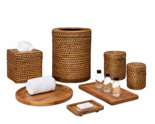 Shown in pecan mango wood and rattan.