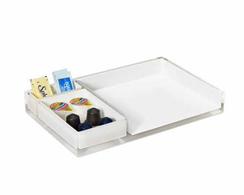 Shown in glossy transparent resin accented white.