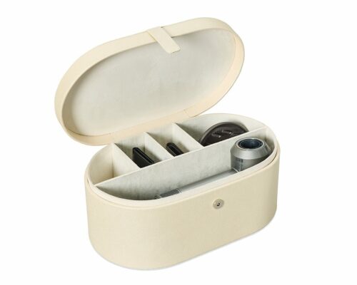 Shown in shagreen ivory faux leather and ivory suede.