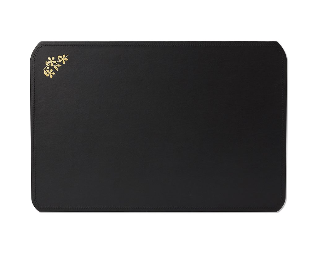 Shown in black faux leather with gold foil embossing.