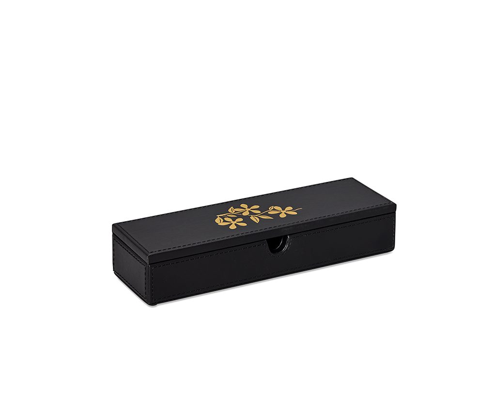 Shown in black faux leather with gold foil embossing.