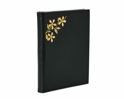 Shown in black faux leather with gold foil embossing.