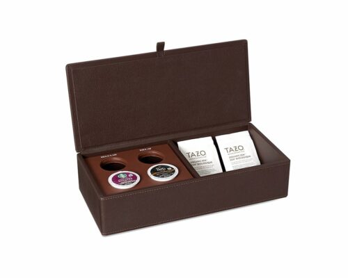 Shown in shagreen brown faux leather with blind embossing.