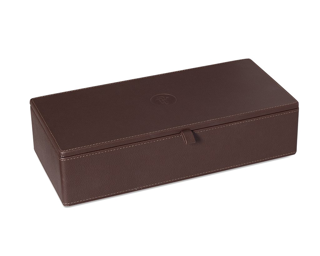 Shown in shagreen brown faux leather with blind embossing.