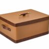 Shown in cognac and distressed brown faux leather, antique brass stainless steel, and chocolate mango wood. Shown in cognac and distressed brown faux leather, antique brass stainless steel, and chocolate mango wood.