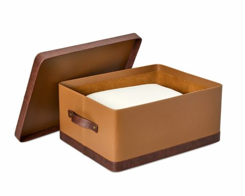 Shown in cognac and distressed brown faux leather, antique brass stainless steel, and chocolate mango wood.