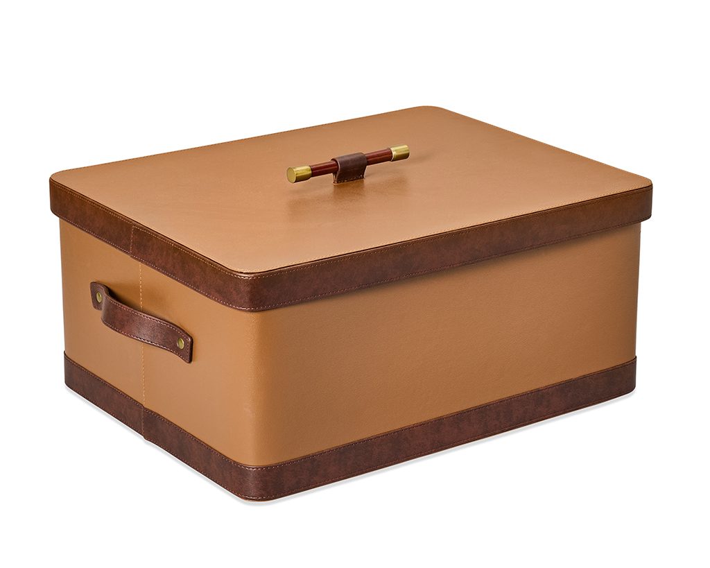 Shown in cognac and distressed brown faux leather, antique brass stainless steel, and chocolate mango wood.