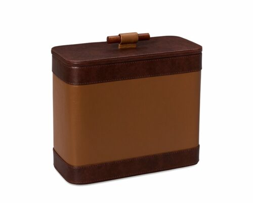 Shown in cognac and distressed brown faux leather and chocolate mango wood.