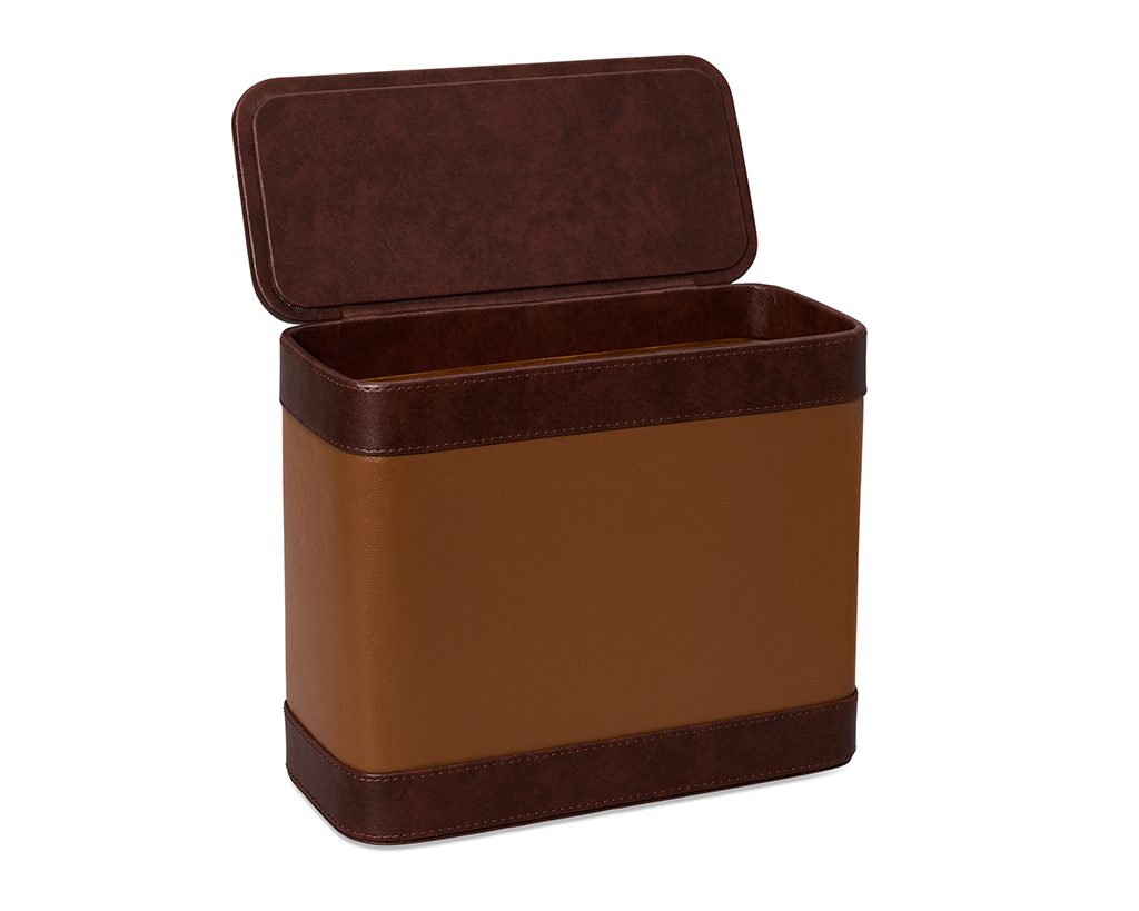 Shown in cognac and distressed brown faux leather and chocolate mango wood.