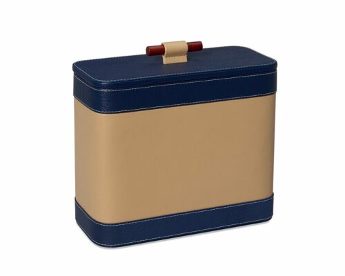 Shown in sand and blue faux leather and mahogany mango wood.