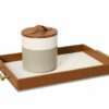 Shown in light textured grey, ivory, and cognac faux leather and antique brass stainless steel. Shown in light textured grey, ivory, and cognac faux leather and antique brass stainless steel.