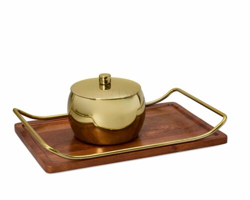 Shown in light walnut mango wood and shiny brass stainless steel.