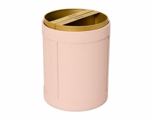 Shown in pink faux leather and matte gold powder-coated iron.